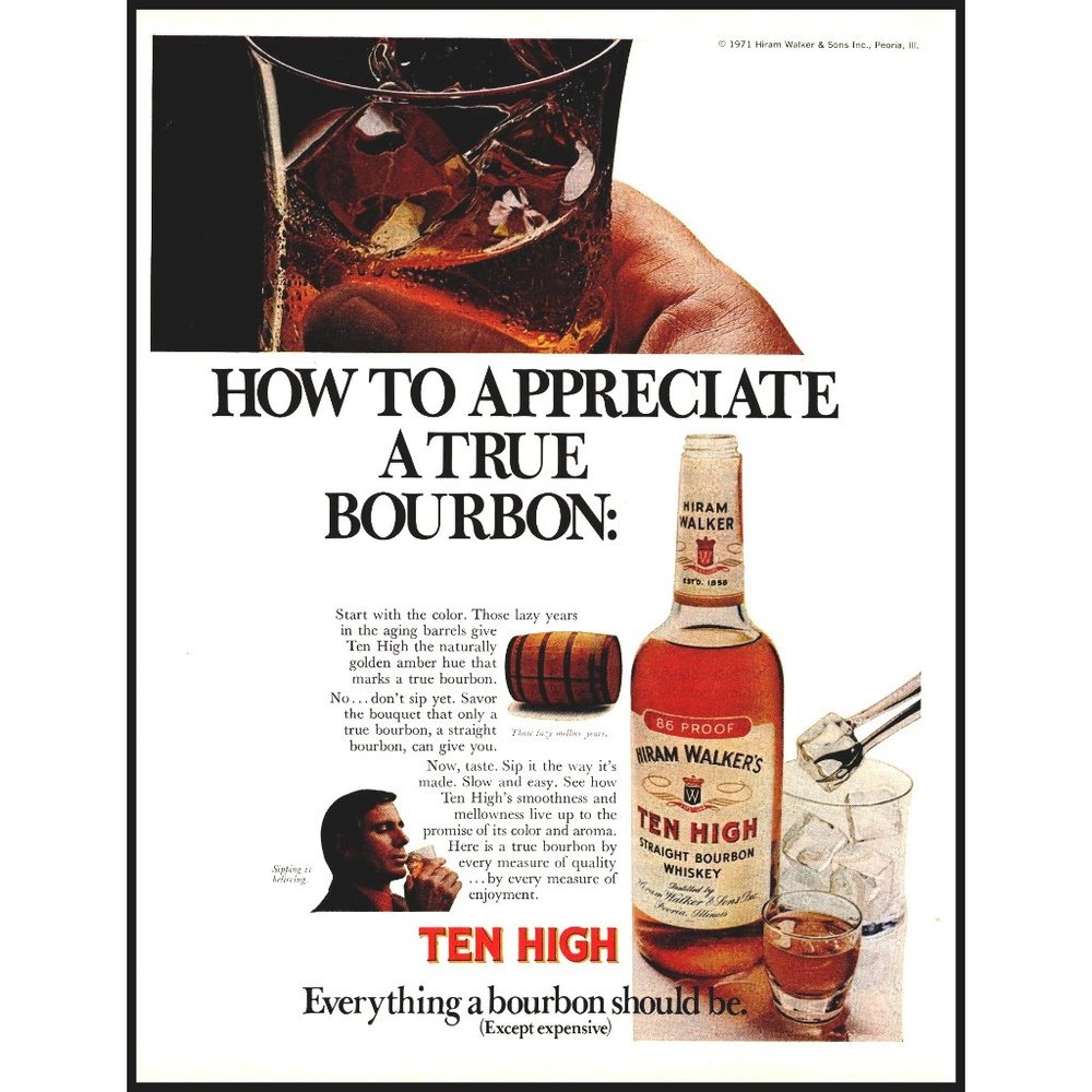1971 Ten High Bourbon Vintage Print Ad Whiskey Barrel On the Rocks Bar Wall Art